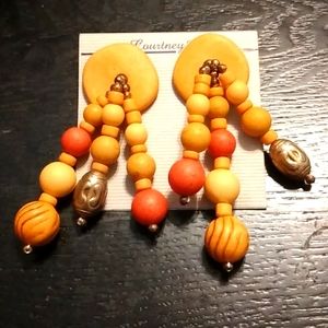 Dangly wood and brass post earrings